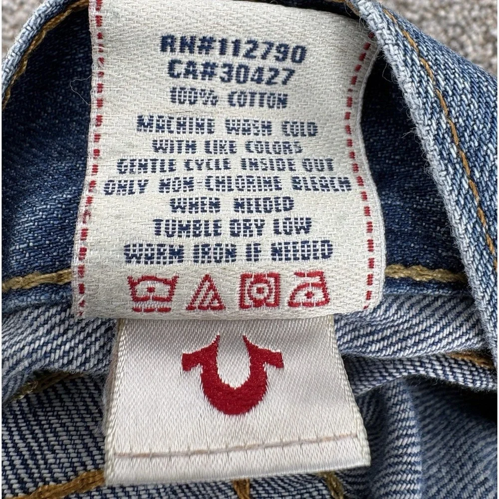VTG True Religion Straight Jean Mens 34 (36x32) Blue Distressed Workwear USA Y2K